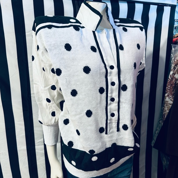 Side Effects 80s Vintage Cotton Knit / Linen Polka Dot Shoulder Pad Cardigan - Picture 6 of 8